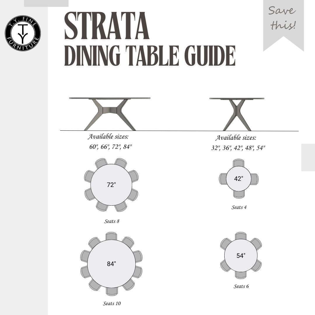 Infographic features TY Fine Furniture's Strata Round Dining Table—handcrafted solid wood options—showcasing seating charts, size options, and illustrations of the natural wood finish for each table.