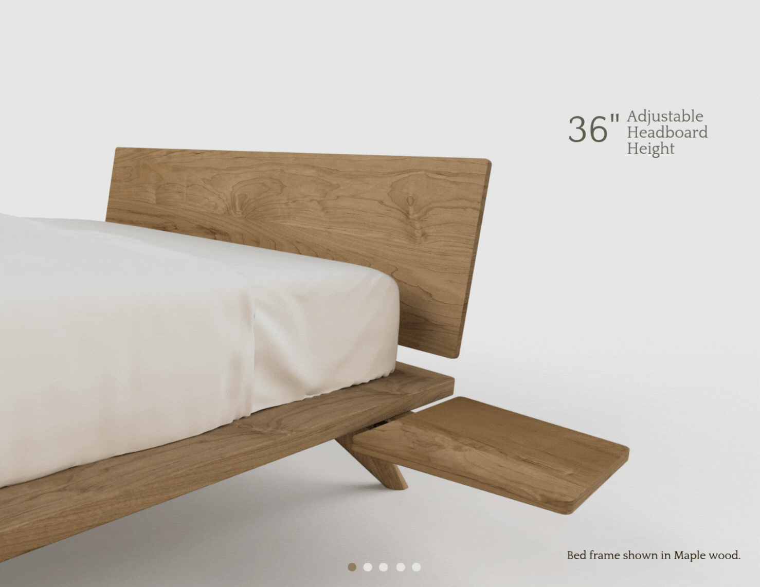 Close-up view of the Atomic Platform Bed. This bed frame is made in USA using natural hardwood.