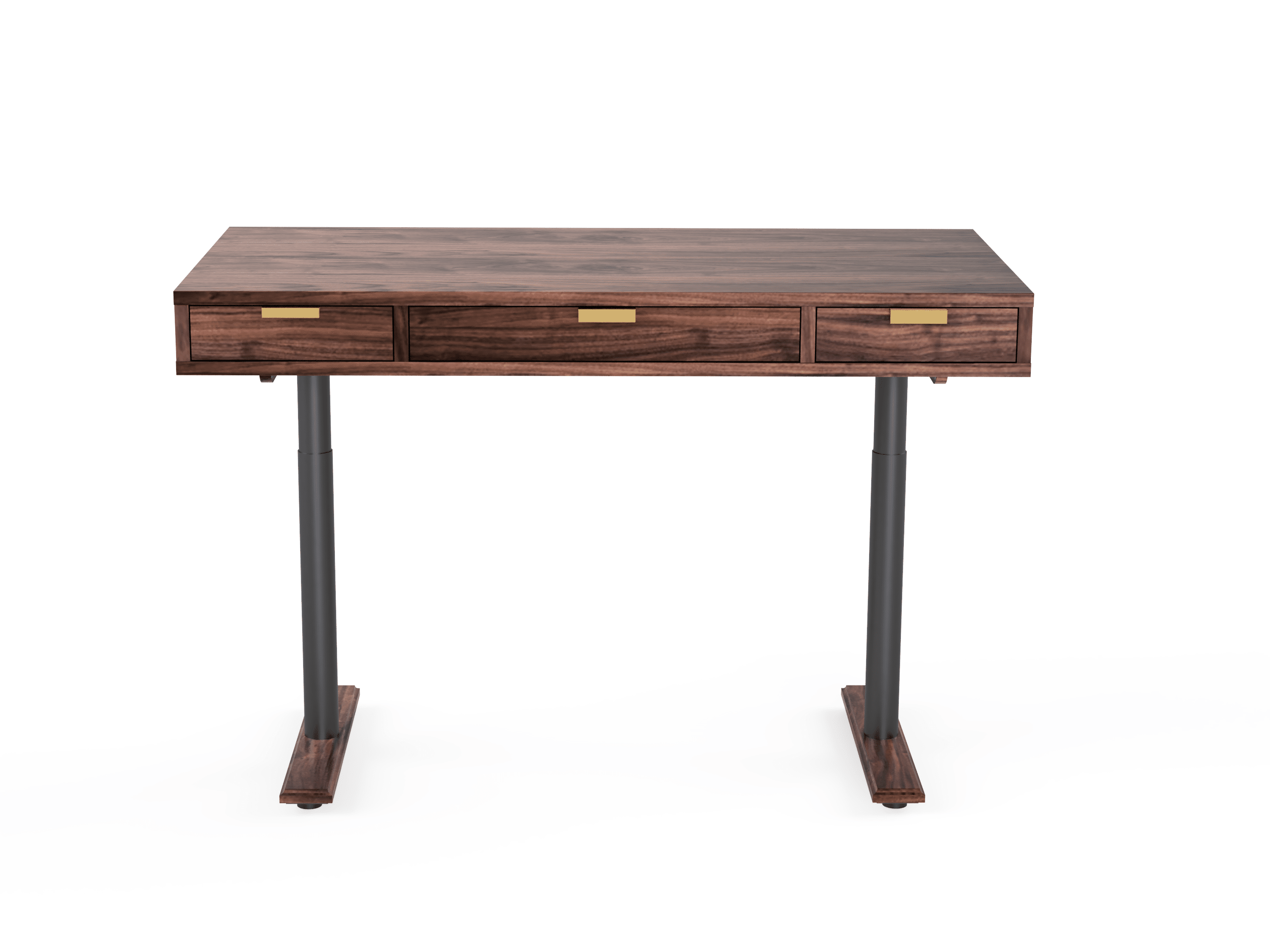 The TY Fine Furniture Apollo Solid Wood Sit Stand Desk features three drawers with brass handles, adjustable black metal legs, and a modern minimalist design that suits any workspace.