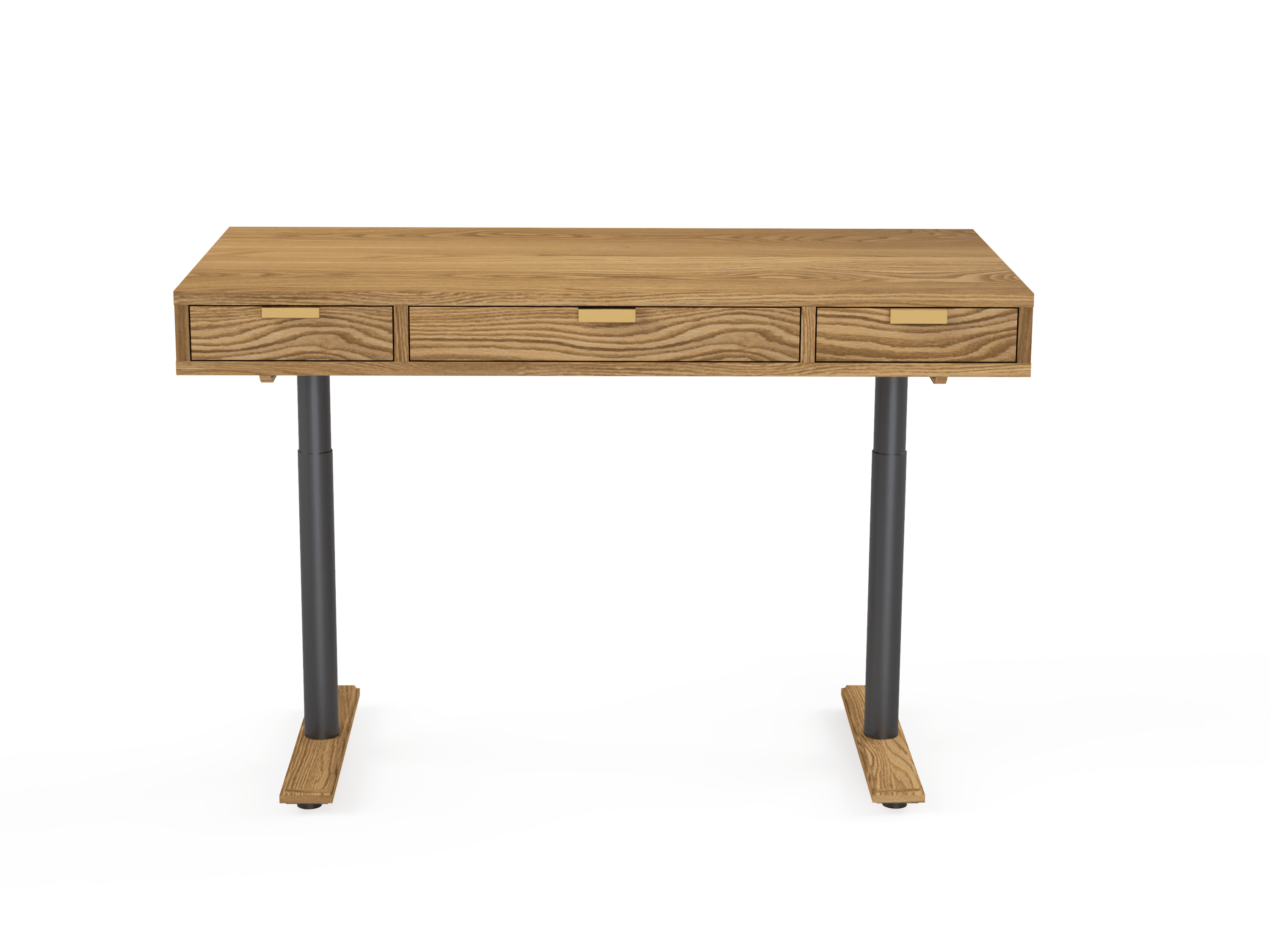 The TY Fine Furniture Apollo Solid Wood Sit Stand Desk features three drawers with gold handles, black metal legs, and wooden feet, shown against a white background in a mid-century modern style.