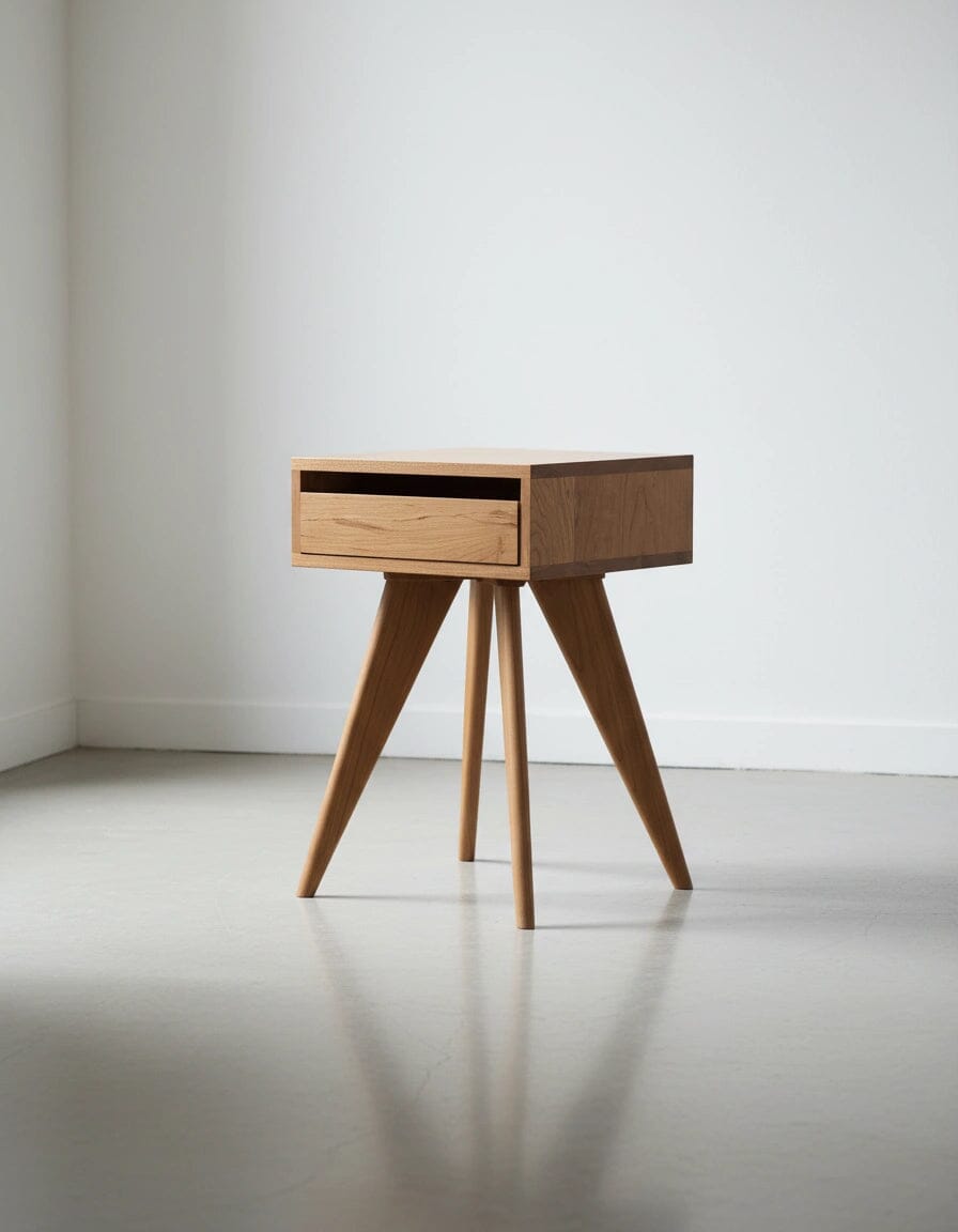 The TY Fine Furniture Modern Apartment Side Table - Cherry, crafted from solid wood with an open drawer and four angled legs, is ideal for minimal spaces with its compact, stylish design.