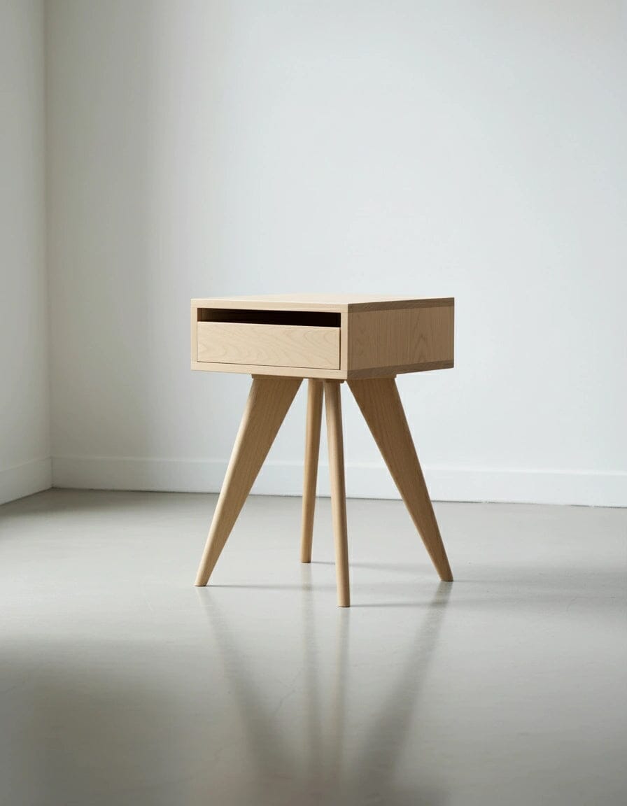 The Modern Apartment Side Table - Maple by TY Fine Furniture is handcrafted from solid hard maple, featuring an open drawer and angled legs. Its minimalist design is perfect for modern spaces with light floors and white walls.