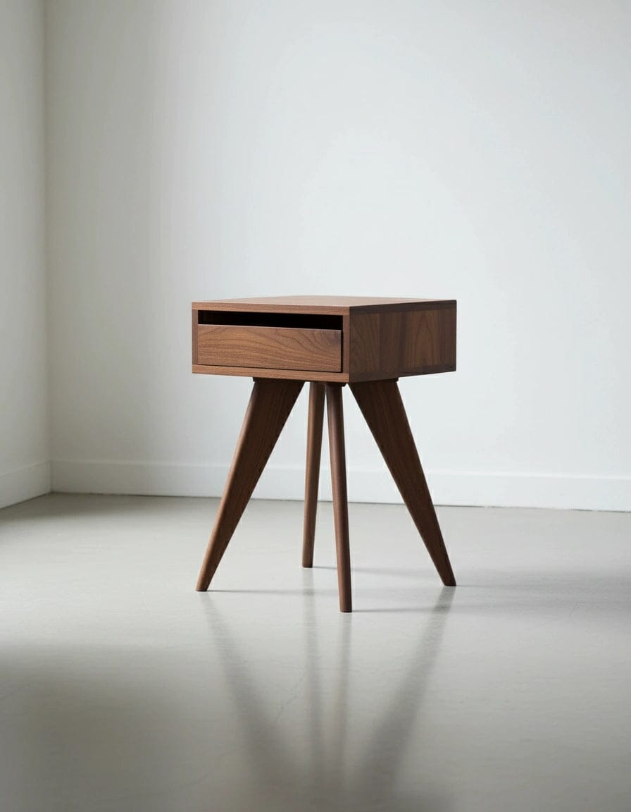 The TY Fine Furniture Modern Apartment Side Table - Walnut features four angled legs and a single open drawer, making it perfect for minimalistic spaces with white walls and light floors.