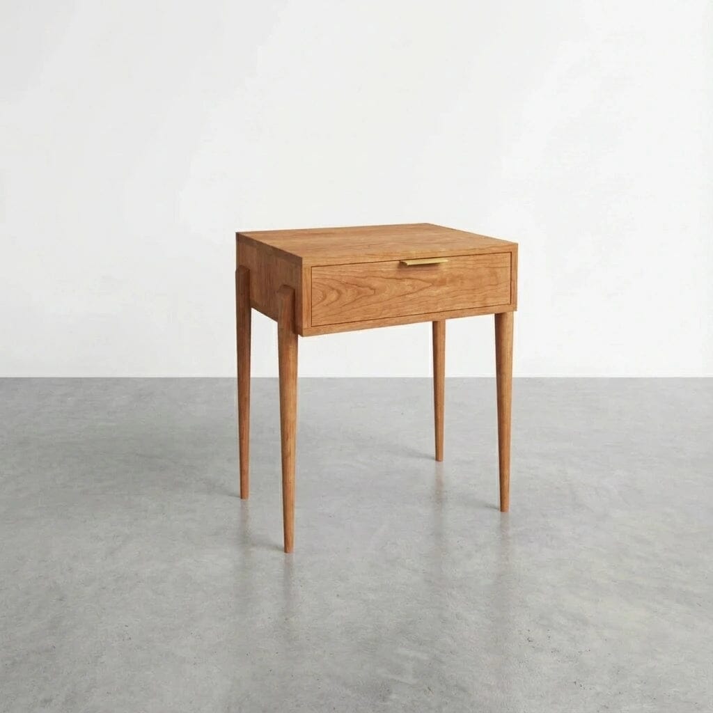 The Apollo Solid Wood Side Table by TY Fine Furniture, handcrafted in cherry wood in Columbus, Ohio, stands on four tapered legs with a single drawer, set on a gray concrete floor against a plain white wall.