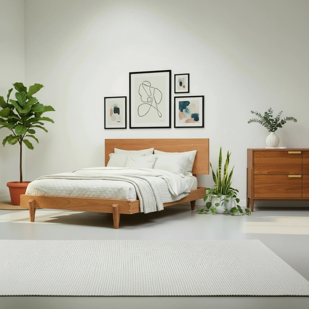 A modern bedroom features a wooden bed, white bedding, and the Apollo Dresser by TY Fine Furniture—a handcrafted, mid-century modern cherry dresser—for stylish storage. Potted plants and abstract art complete the clean, neutral look.