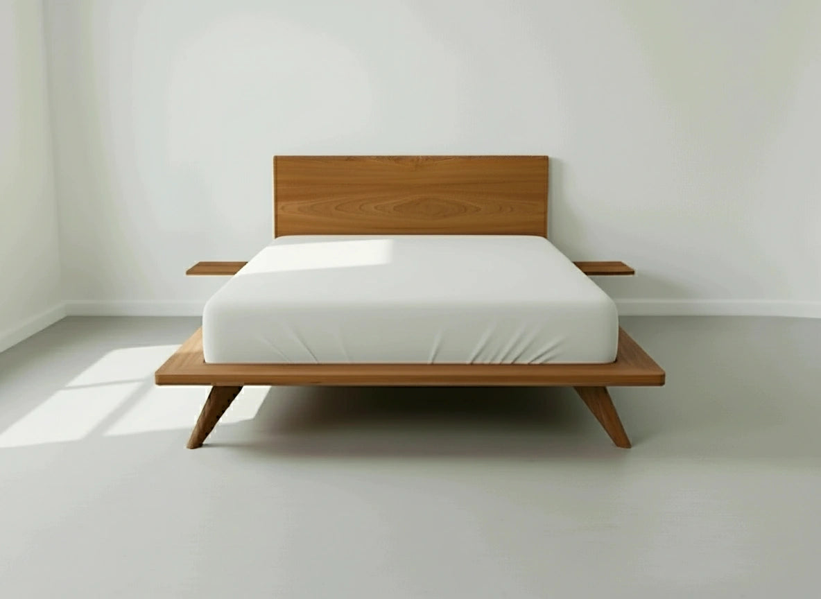Atomic platform bed in cherry wood, full view. Made in USA, using natural hardwood.