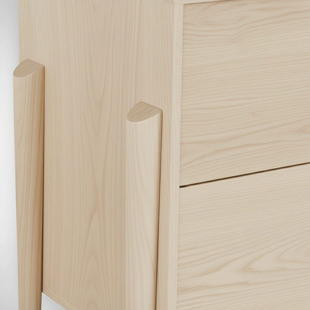 Close-up of the Apollo 6 Drawer Dresser by TY Fine Furniture, a handcrafted maple dresser featuring a smooth, mid-century modern design with vertical rounded wooden handles.