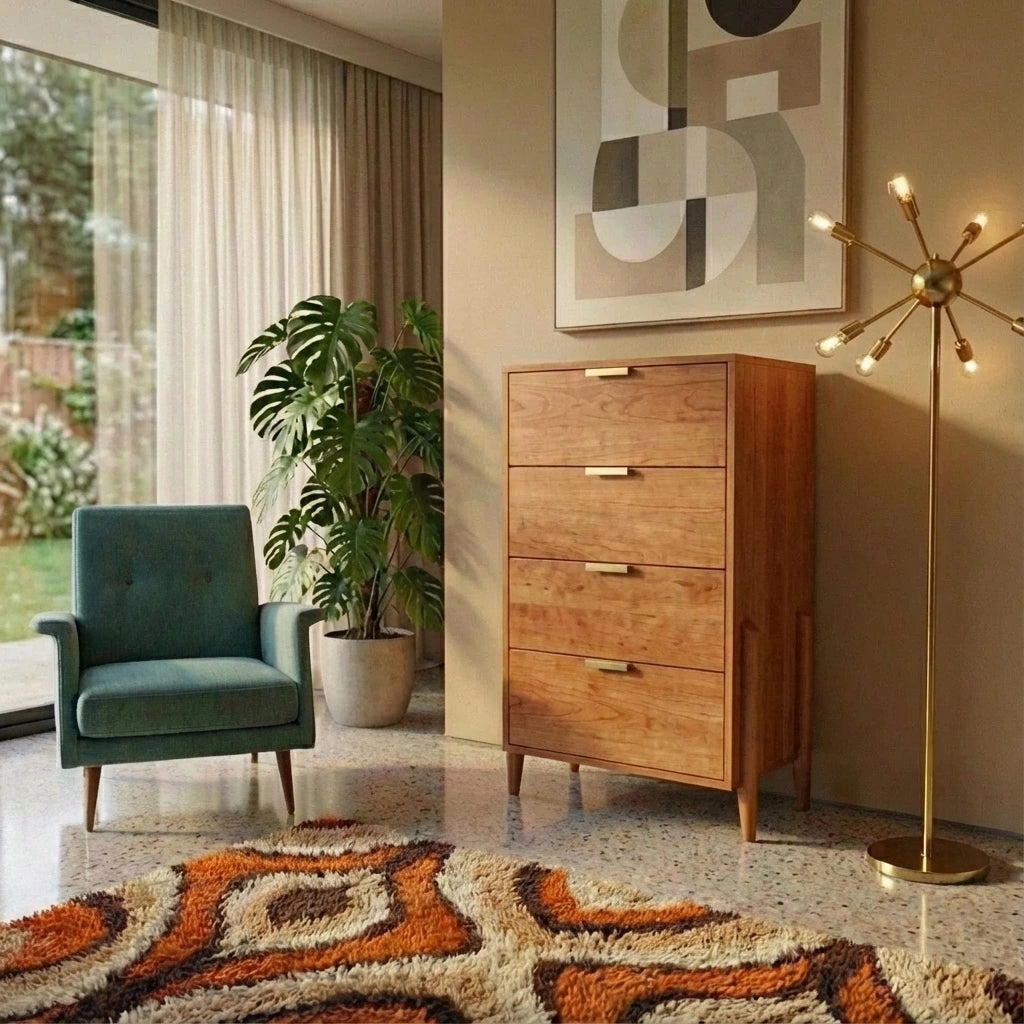 A cozy mid-century modern living room with a blue armchair, TY Fine Furniture’s Apollo Tall Dresser with soft-close drawers, a gold floor lamp with exposed bulbs, abstract wall art, a potted plant, and an orange and beige retro-patterned rug.