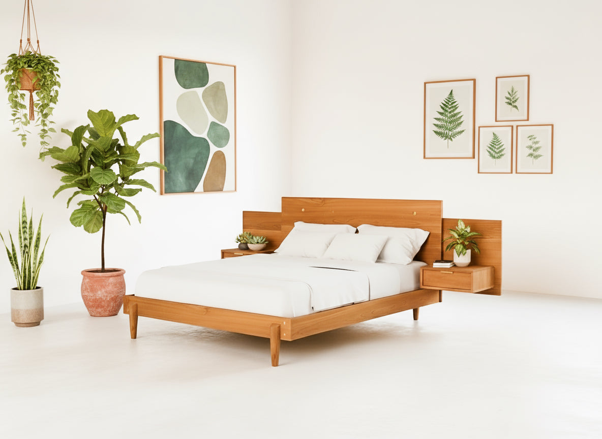 A modern bedroom features the TY Fine Furniture Apollo Platform Bed with Integrated Tables in cherry, topped with white bedding, potted plants, and botanical art on bright white walls for a minimal Mid-Century Modern vibe.