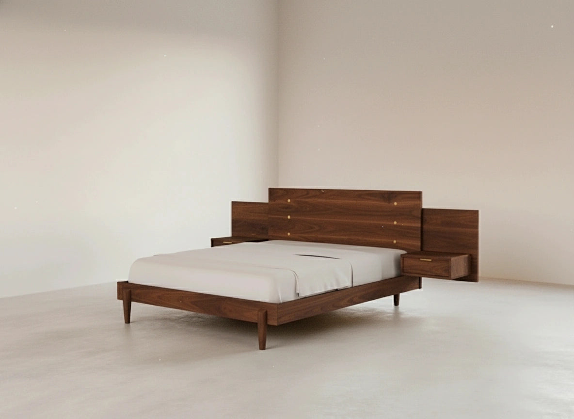 The Apollo Platform Bed with Integrated Tables Walnut by TY Fine Furniture stands in a minimal, empty room with white walls and a light floor, featuring white bedding for a clean, contemporary look.