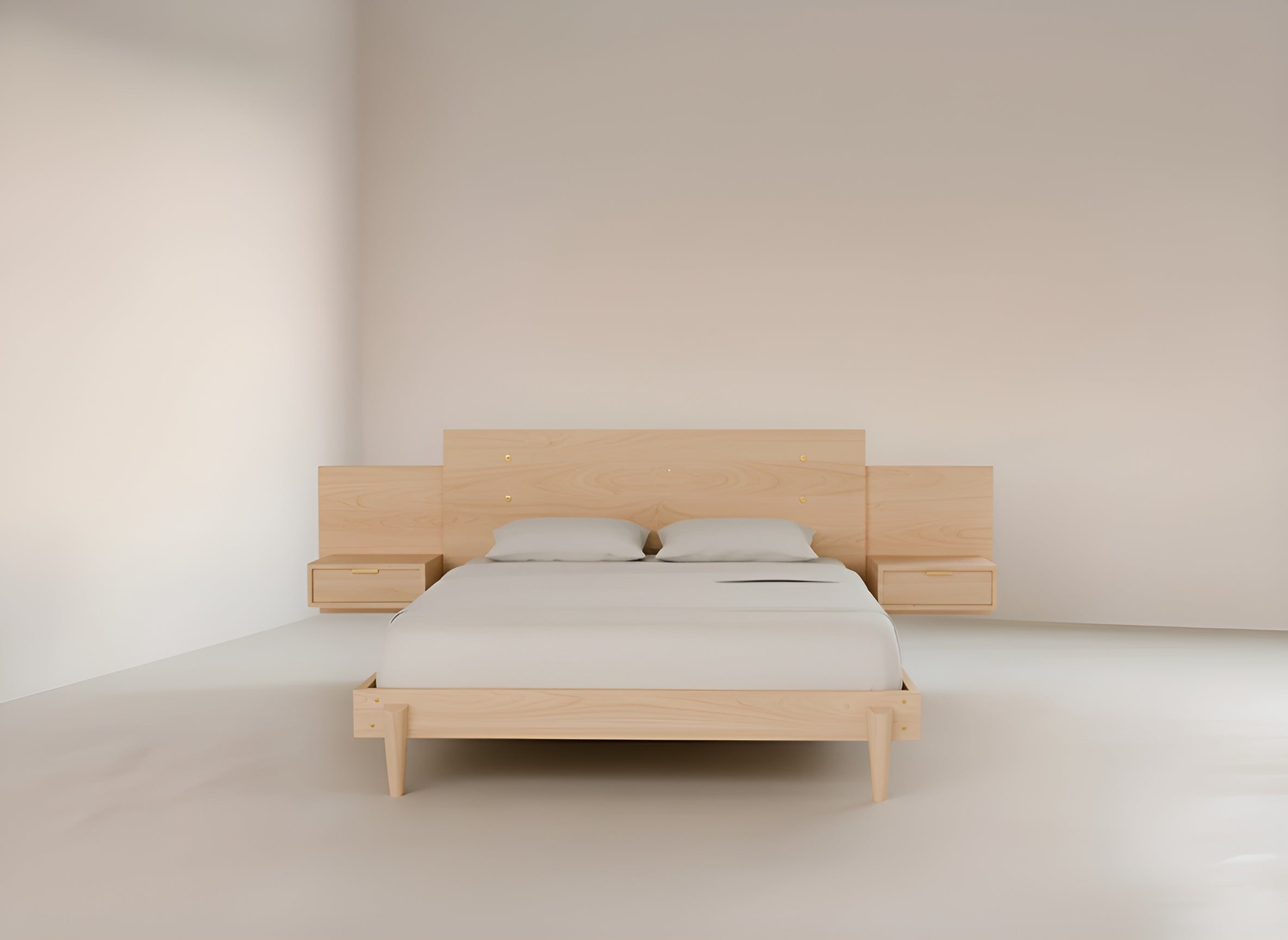A minimalist bedroom with the Apollo Platform Bed with Integrated Tables in Maple by TY Fine Furniture, topped with plain light bedding, set against off-white walls and floors.