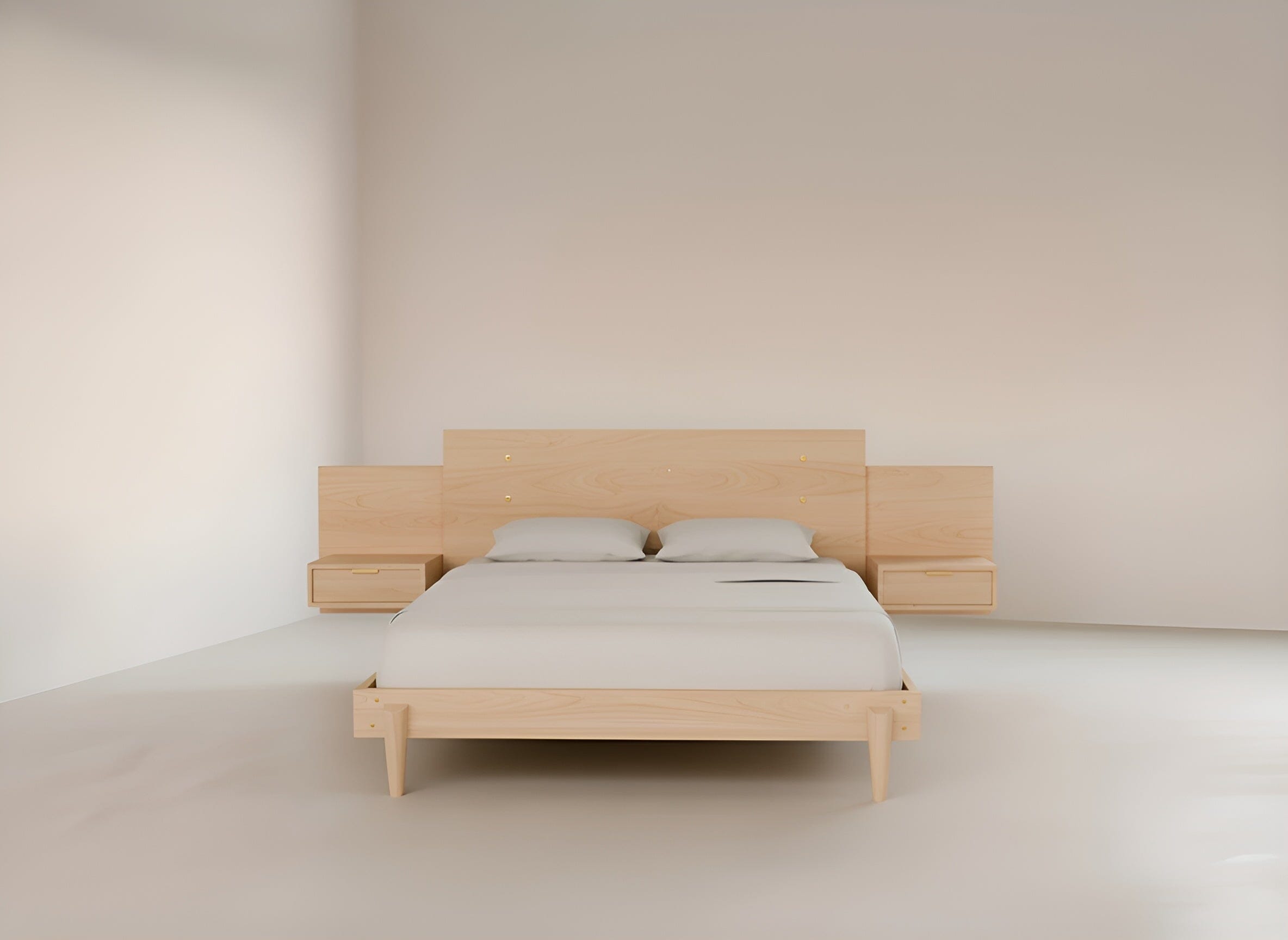 A minimalist bedroom with the Apollo Platform Bed with Integrated Tables in Maple by TY Fine Furniture, topped with plain light bedding, set against off-white walls and floors.