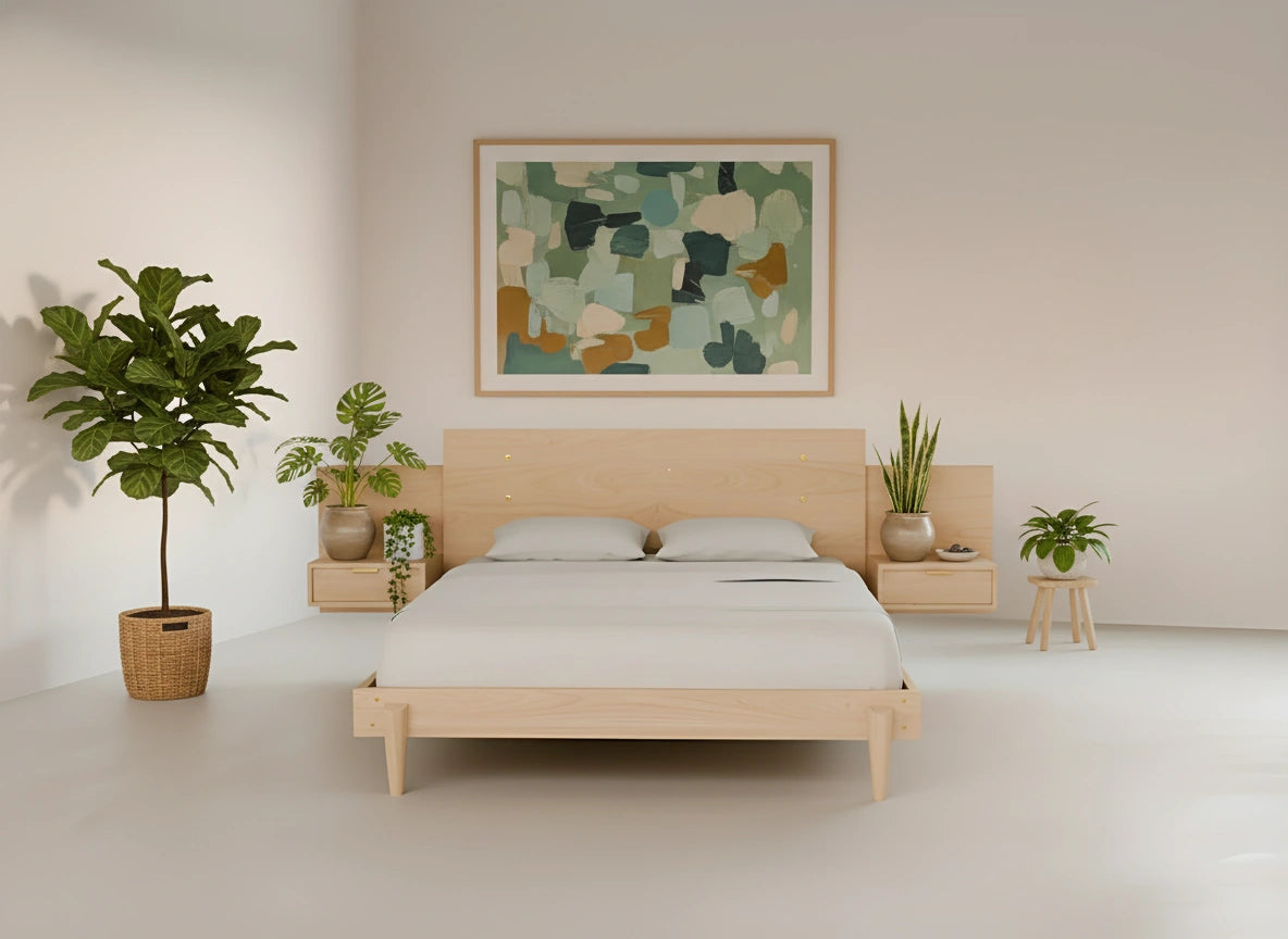 A minimalist bedroom featuring the TY Fine Furniture Apollo Platform Bed with Integrated Tables in maple, two white pillows, abstract green artwork above the bed, potted plants on each side, and light walls and floor.