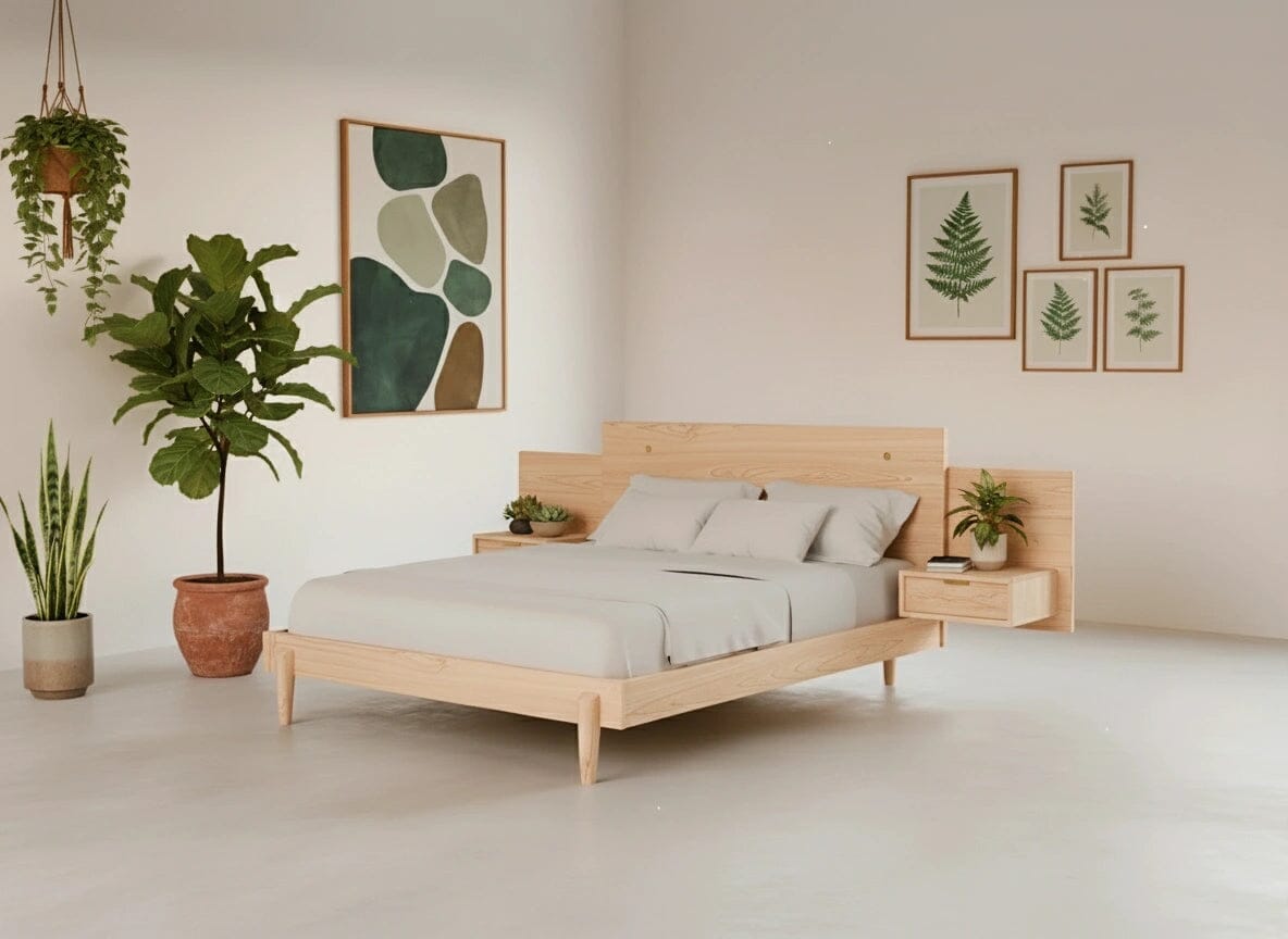 A minimalist bedroom features the Apollo Platform Bed with Integrated Tables in Maple by TY Fine Furniture, complemented by gray bedding, potted plants, and botanical art. Neutral tones and natural décor create a serene retreat.