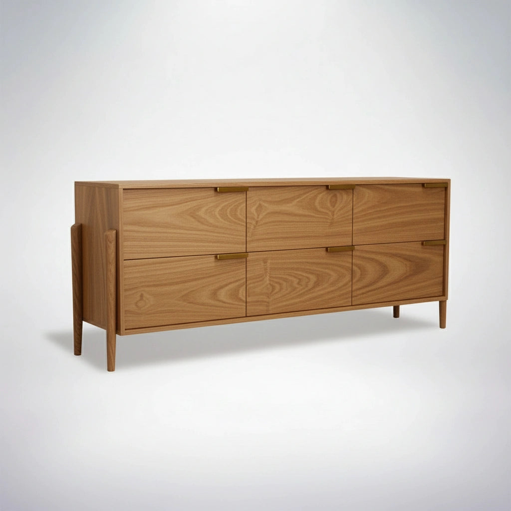 The Apollo Dresser by TY Fine Furniture is a handcrafted, Mid-Century Modern piece in white oak with six drawers and sleek lines, standing on four tapered legs to add stylish bedroom storage against a light background.