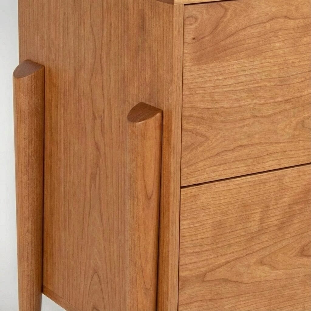 Close-up of the Apollo Dresser by TY Fine Furniture—a handcrafted mid-century modern dresser in cherry, featuring smooth, rounded vertical wooden handles and visible wood grain on drawers and panels.