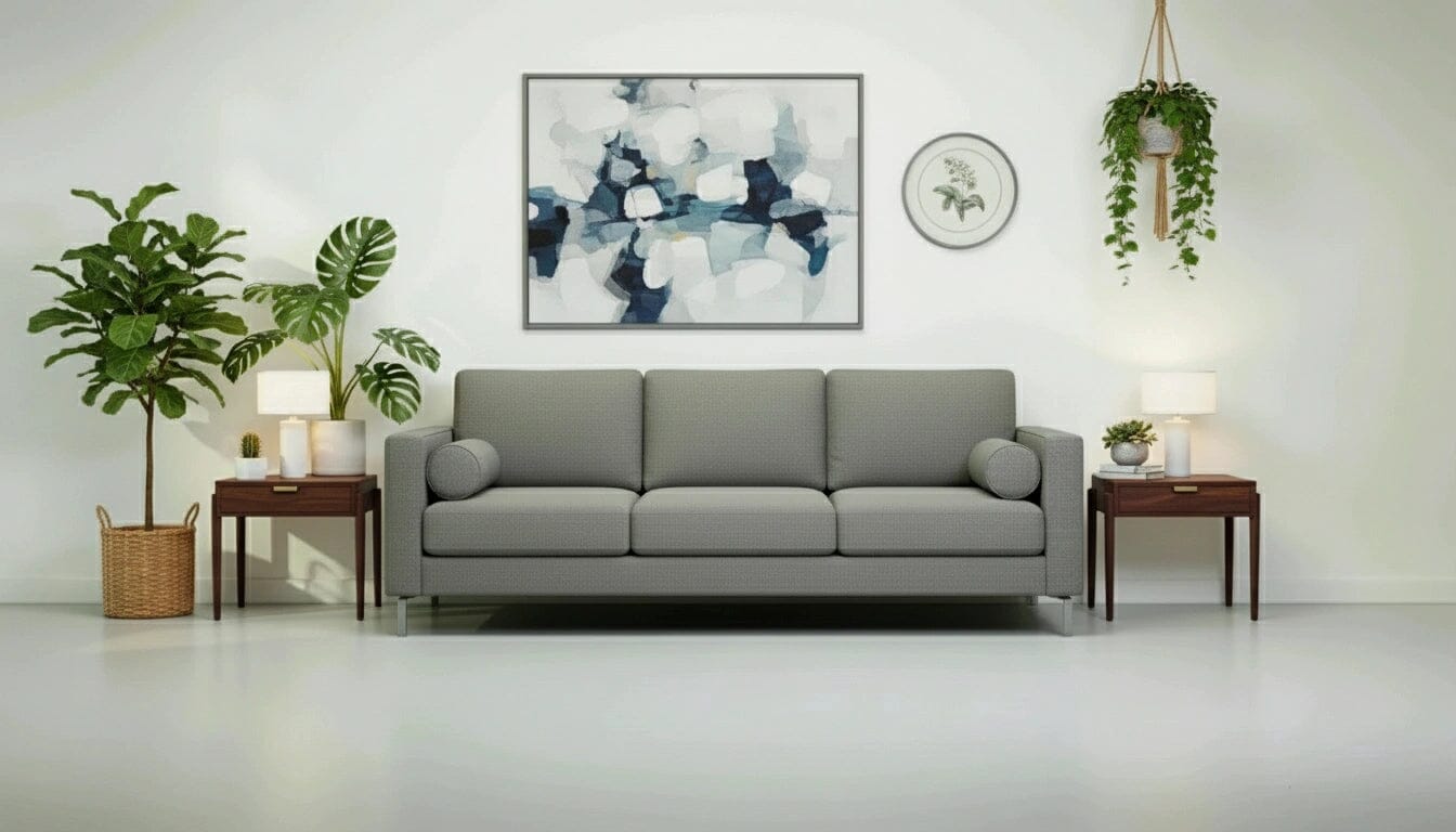 A modern living room with a gray sofa, two TY Fine Furniture Apollo Side Tables in Walnut holding lamps, potted plants, and abstract art on a white wall. A hanging plant and small framed botanical print decorate the right side.