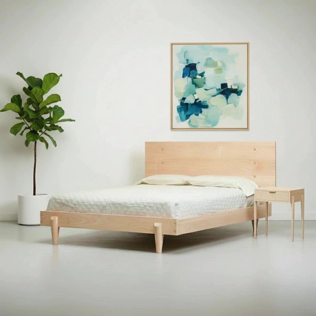 A minimalist bedroom features the TY Fine Furniture Apollo Platform Bed in maple, white bedding, a matching nightstand, a potted plant on the left, and an abstract blue and green painting above the bed.