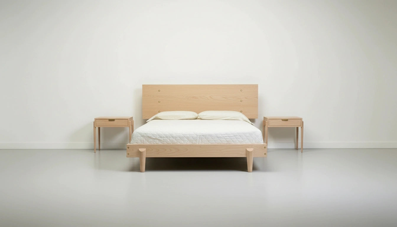 A minimalist bedroom with the TY Fine Furniture Apollo Platform Bed – Solid Wood Modern Bed Frame Maple, white bedding and pillows, and matching maple nightstands set against a plain white wall and floor.