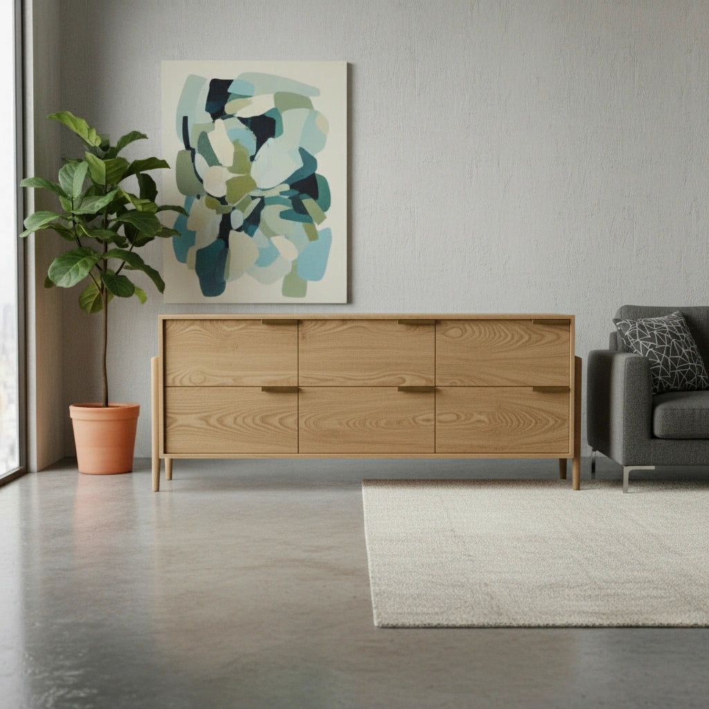 A modern living room featuring the Apollo Dresser by TY Fine Furniture—a handcrafted, Mid-Century Modern white oak piece—used as a sideboard, topped with abstract art, flanked by a potted plant and gray sofa on a light rug over concrete flooring.