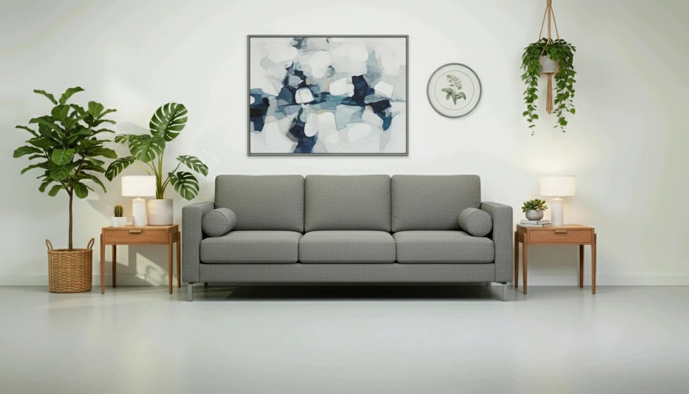 A modern living room with a gray sofa, two TY Fine Furniture Apollo Solid Wood Side Tables in cherry—handcrafted in Columbus, Ohio—lamps, green potted plants, and abstract artwork plus a small botanical print on a white wall.