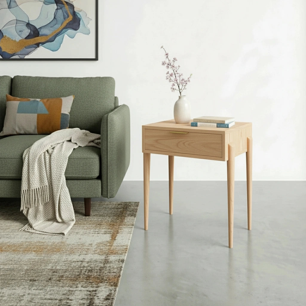 A modern living room with a green sofa, geometric pillow, beige throw blanket, TY Fine Furniture’s Apollo Solid Wood Side Table in maple (handcrafted in Columbus, Ohio) with books and flowers, patterned rug, and abstract wall art.
