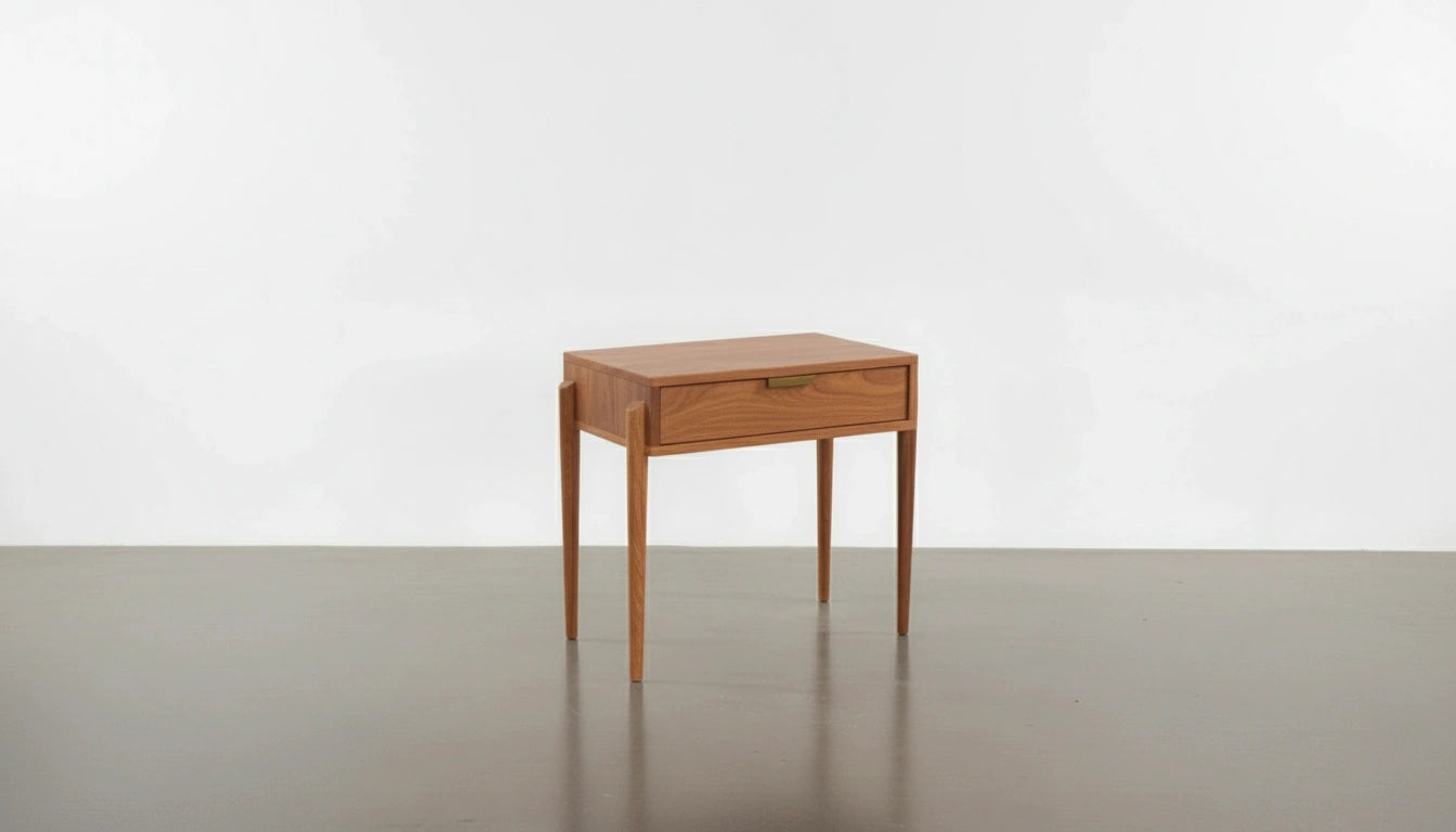 The Apollo Solid Wood Side Table by TY Fine Furniture, handcrafted in Columbus, Ohio, features four slender legs and a single drawer. It sits on a smooth gray floor against a plain white background.