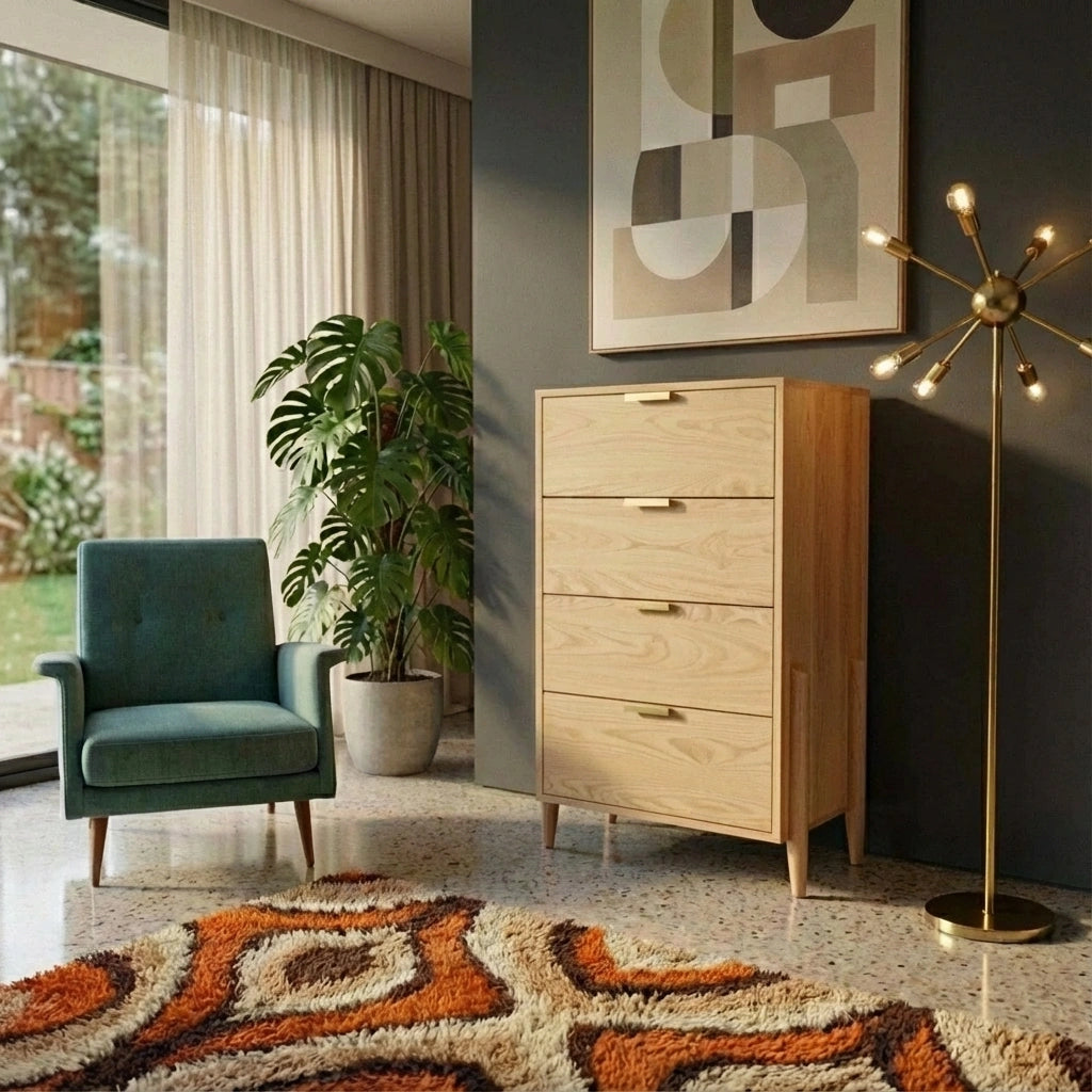 A mid-century modern living room with a blue armchair, TY Fine Furniture’s Apollo Tall Dresser in maple with soft-close drawers, abstract wall art, gold floor lamp, potted plant, window with curtains, and a shaggy geometric rug.