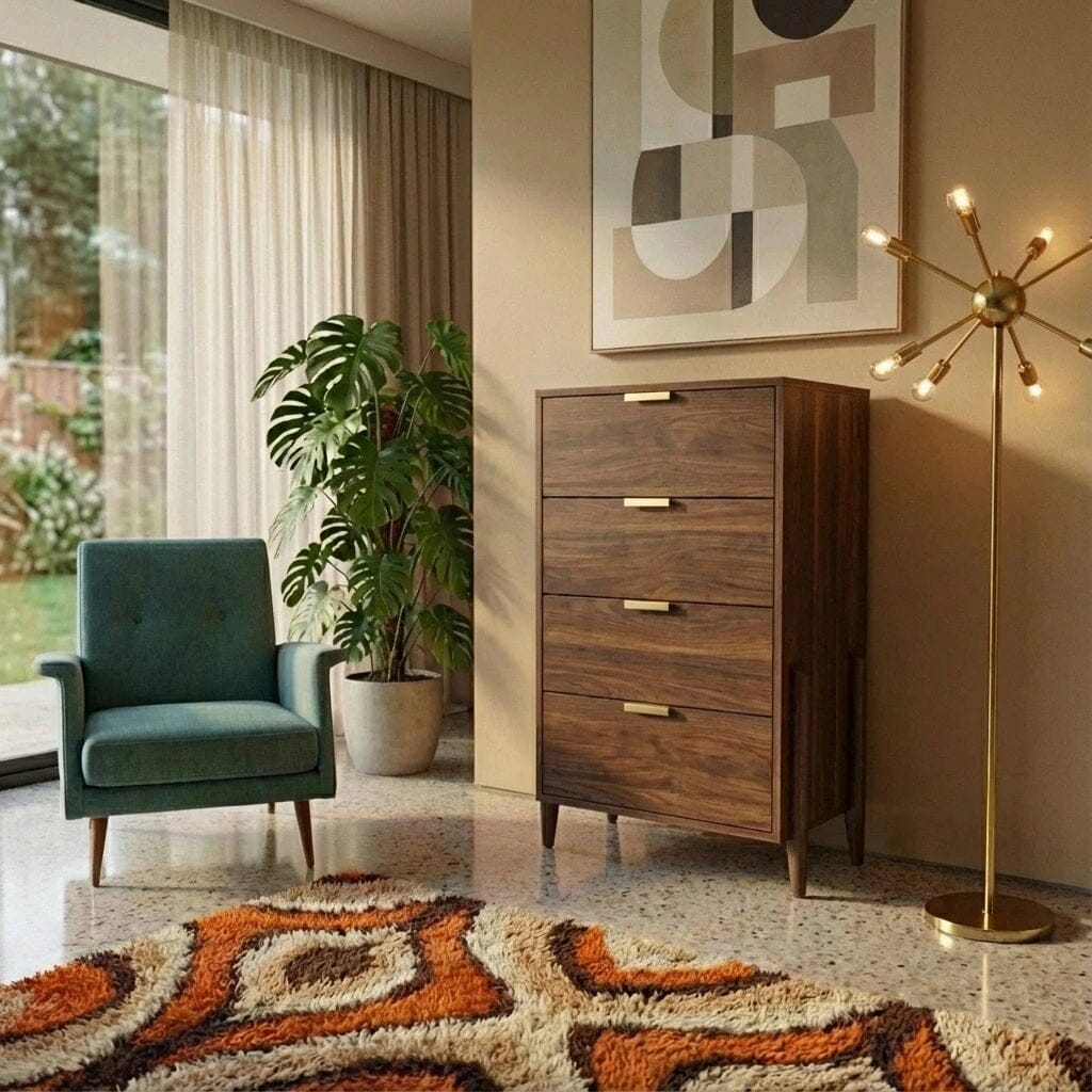 Mid-century modern living room with a teal armchair, TY Fine Furniture's Apollo Tall Dresser in cherry featuring soft-close drawers and gold handles, a gold sputnik floor lamp, potted plant, geometric wall art, and an orange-white patterned rug. Large window behind.