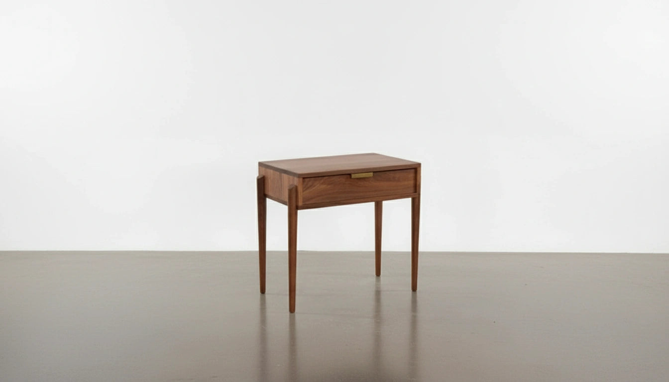 The Apollo Solid Wood Side Table by TY Fine Furniture is a small, modern piece handcrafted in Columbus, Ohio. It features four slender legs and a single drawer with a rectangular brass handle, displayed against a plain white background.