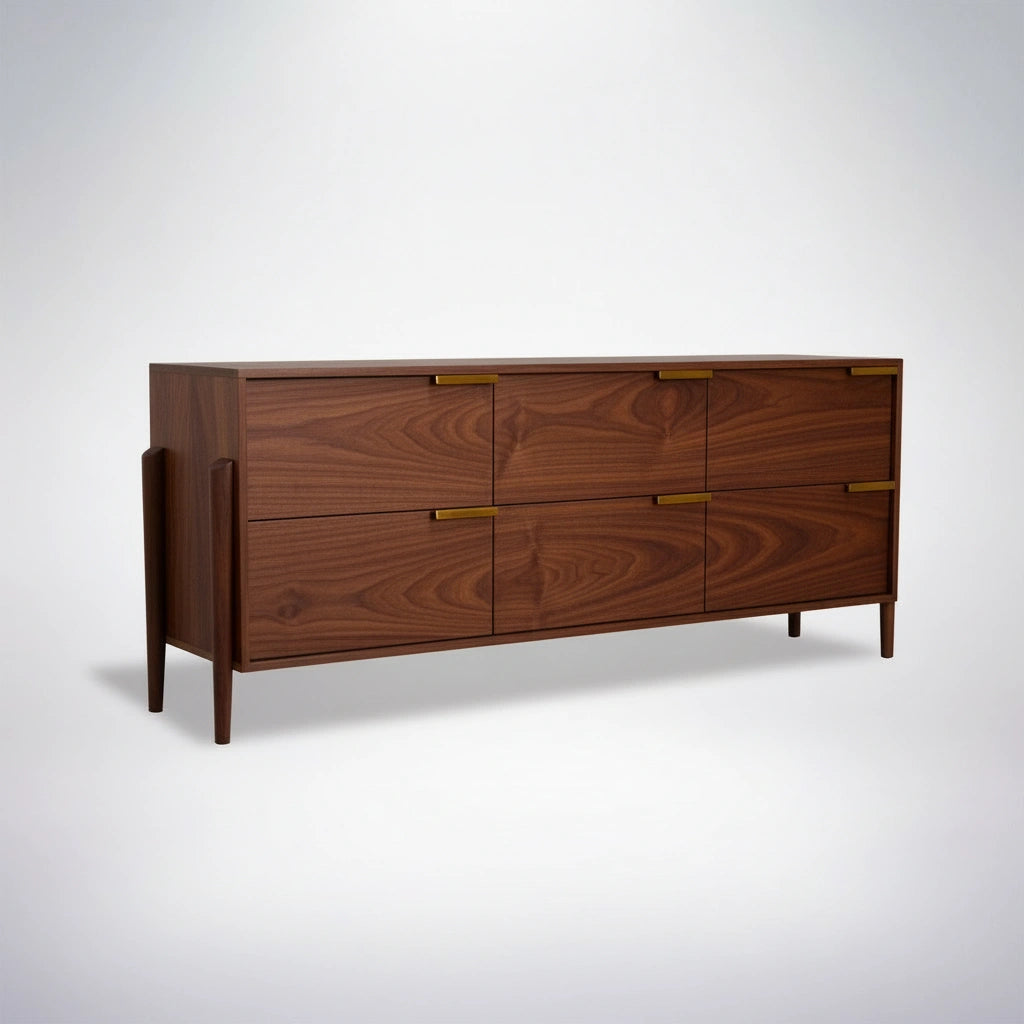 The Apollo Dresser by TY Fine Furniture is a handcrafted, Mid-Century Modern walnut dresser with six drawers, slim gold handles, tapered legs, and a rich brown finish that highlights its classic design and visible wood grain.