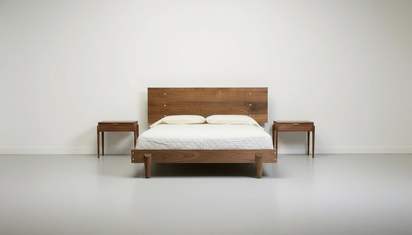 A minimalist bedroom showcases the TY Fine Furniture Apollo Platform Bed, a solid walnut Mid-Century Modern frame and headboard, with white bedding, two pillows, matching wooden nightstands, against a plain white wall and floor.