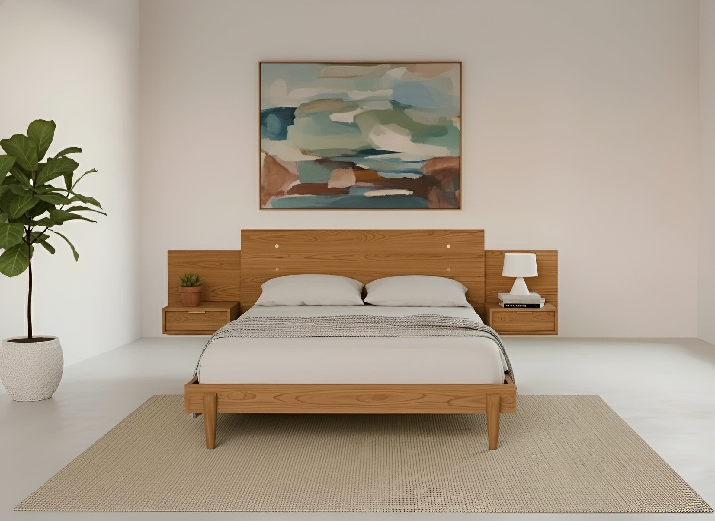 A modern bedroom showcases the TY Fine Furniture Apollo Platform Bed with Integrated Tables in White Oak, white bedding, a potted plant, abstract art above the headboard, and a neutral rug on a white floor.