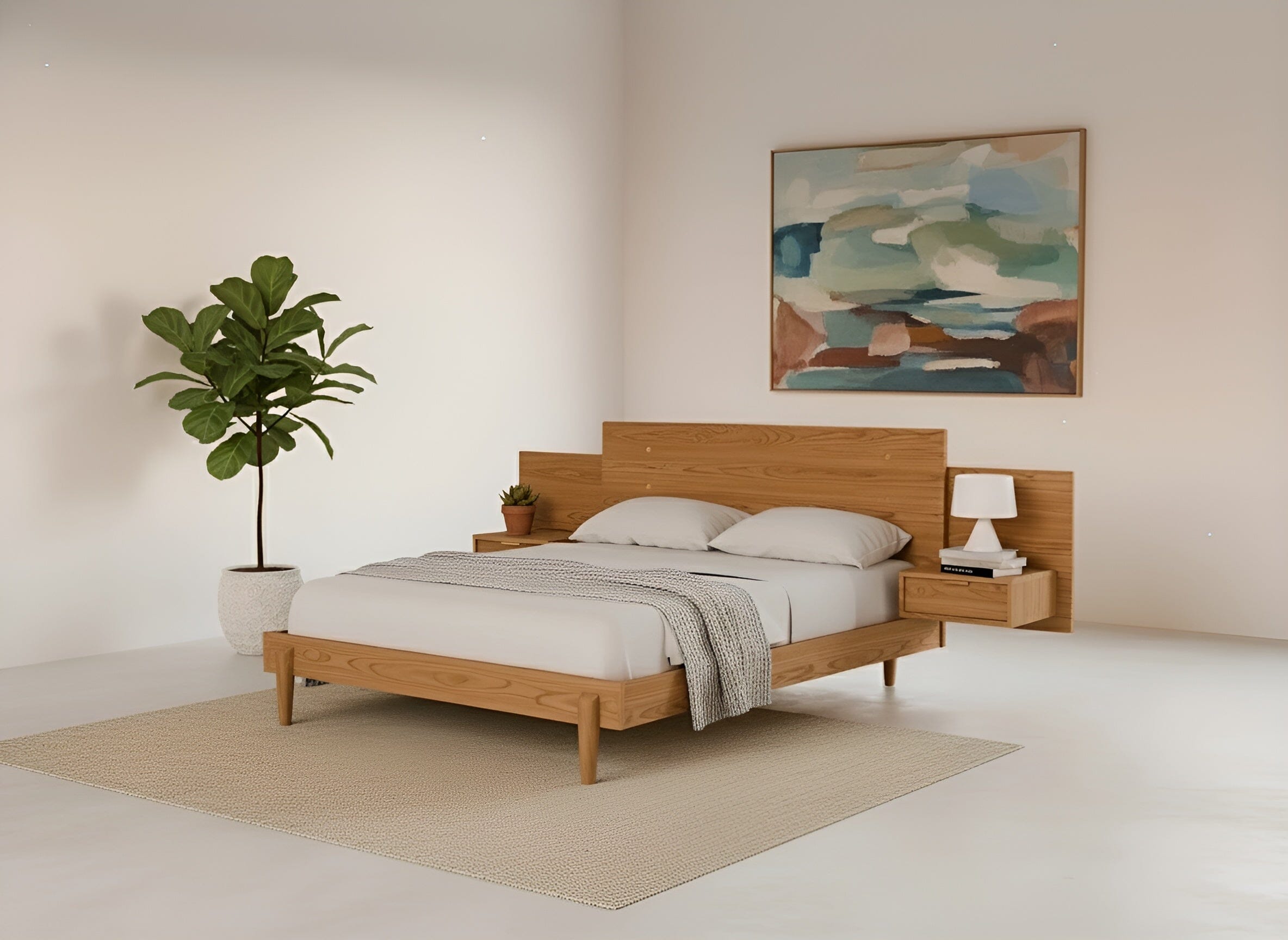 A minimalist bedroom featuring the TY Fine Furniture Apollo Platform Bed with Integrated Tables in White Oak, white bedding, a small potted plant, a bedside lamp, a large leafy plant, and an abstract painting above the bed.