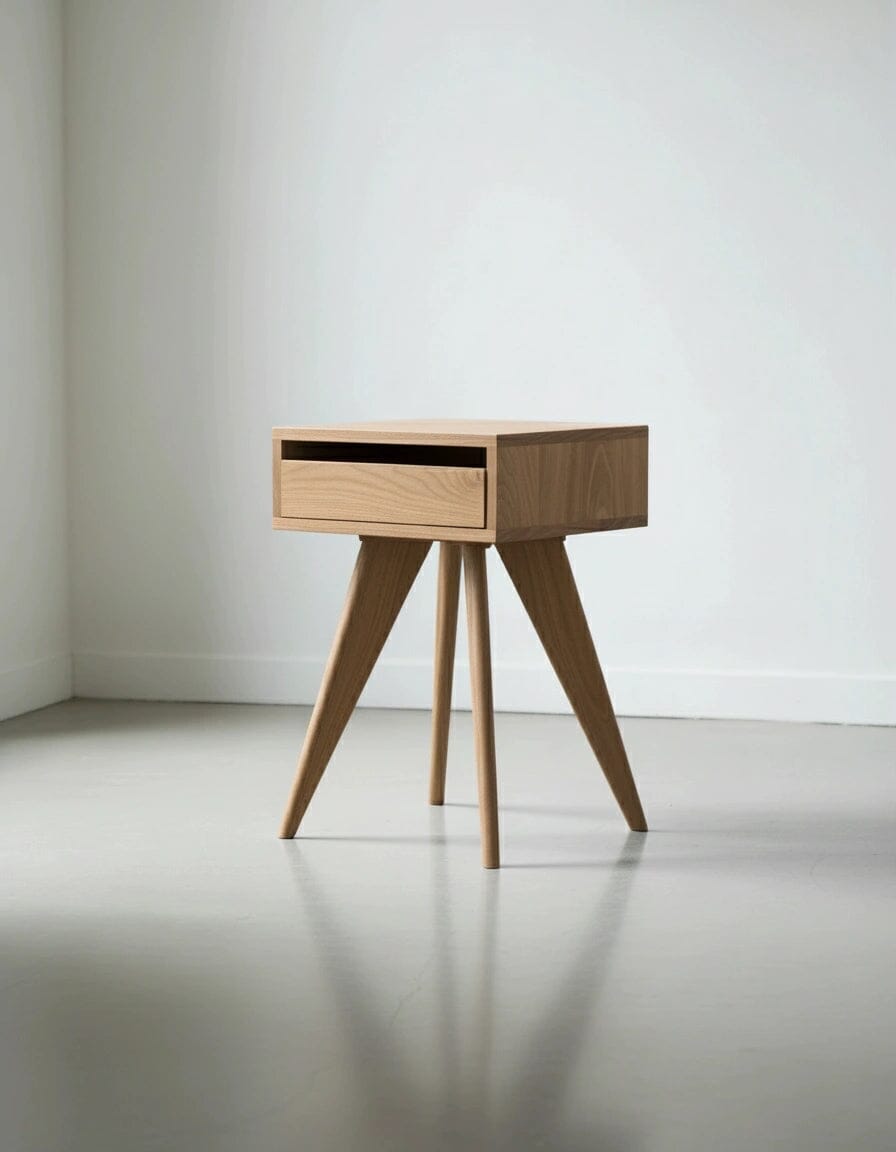 The Modern Apartment Side Table - White Oak by TY Fine Furniture, made from solid white oak with three slanted legs and an open shelf, is perfect for minimalist spaces with white walls and a light floor.