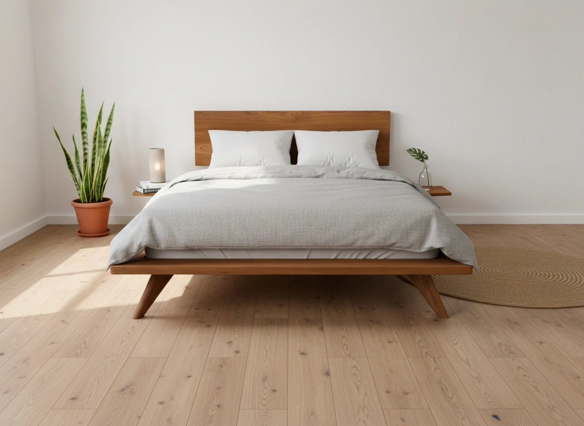 Atomic platform bed in cherry wood, in full view inside a minimalist bedroom. Made in USA, using natural hardwood.