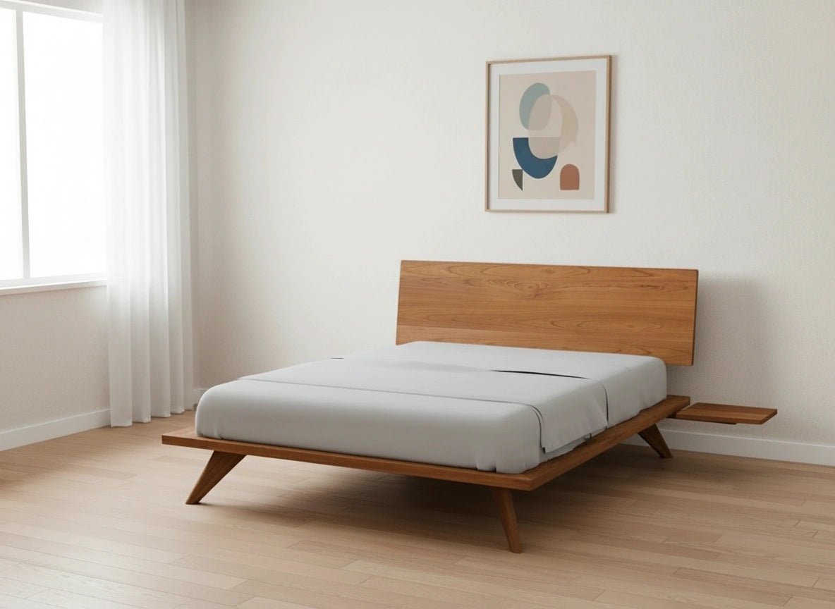 Atomic platform bed in cherry wood, side view. Made in USA, using natural hardwood.