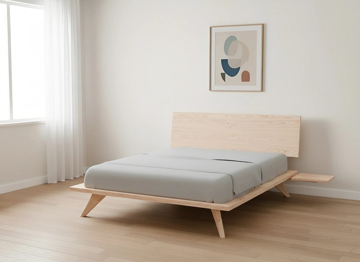 Atomic platform bed in hard maple wood inside a simple bedroom. This bed frame is made in USA, using natural hardwood.