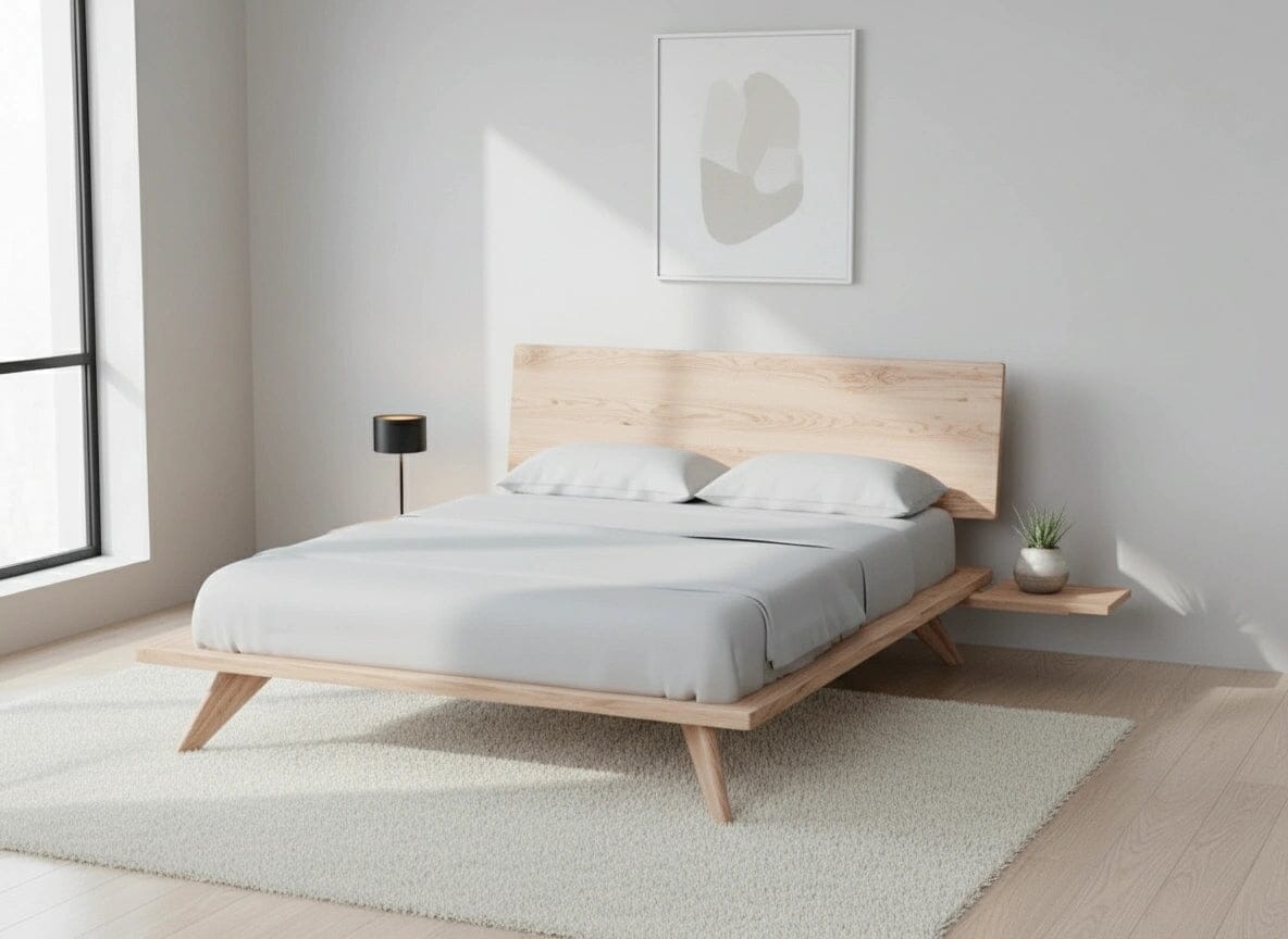 Atomic platform bed in hard maple wood inside a minimalist bedroom. This bed frame is made in USA, using natural hardwood.