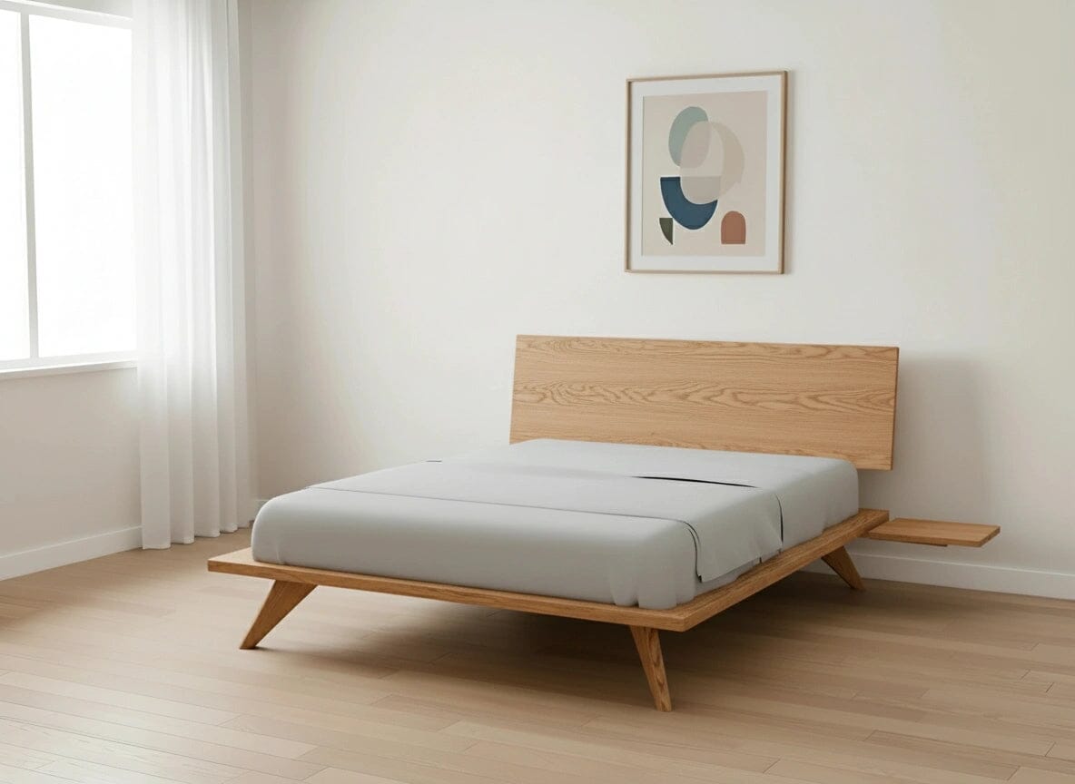 Front view of the Atomic Platform Bed in White Oak inside a bedroom with hardwood flooring. This bed frame is made in USA using natural hardwood.