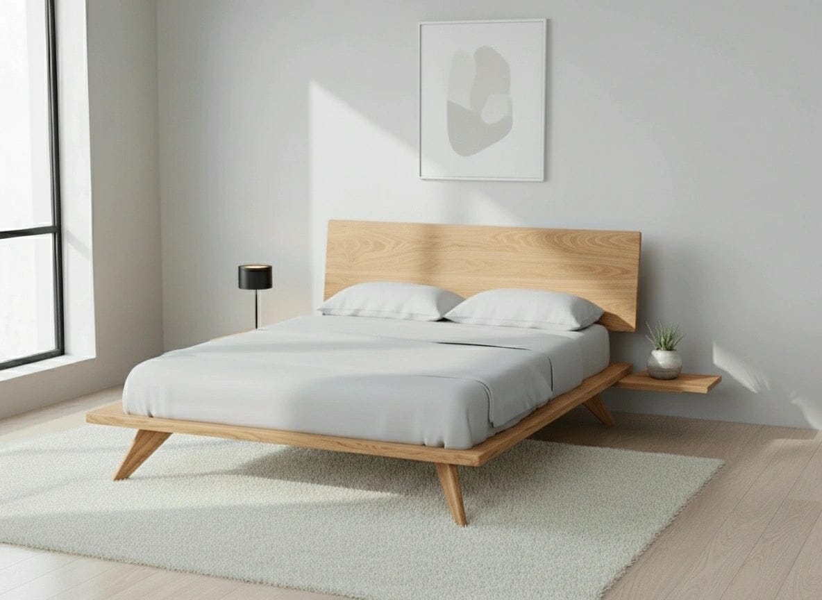 Side view of the Atomic Platform Bed in White Oak inside a minimalist bedroom. This bed frame is made in USA using natural hardwood.