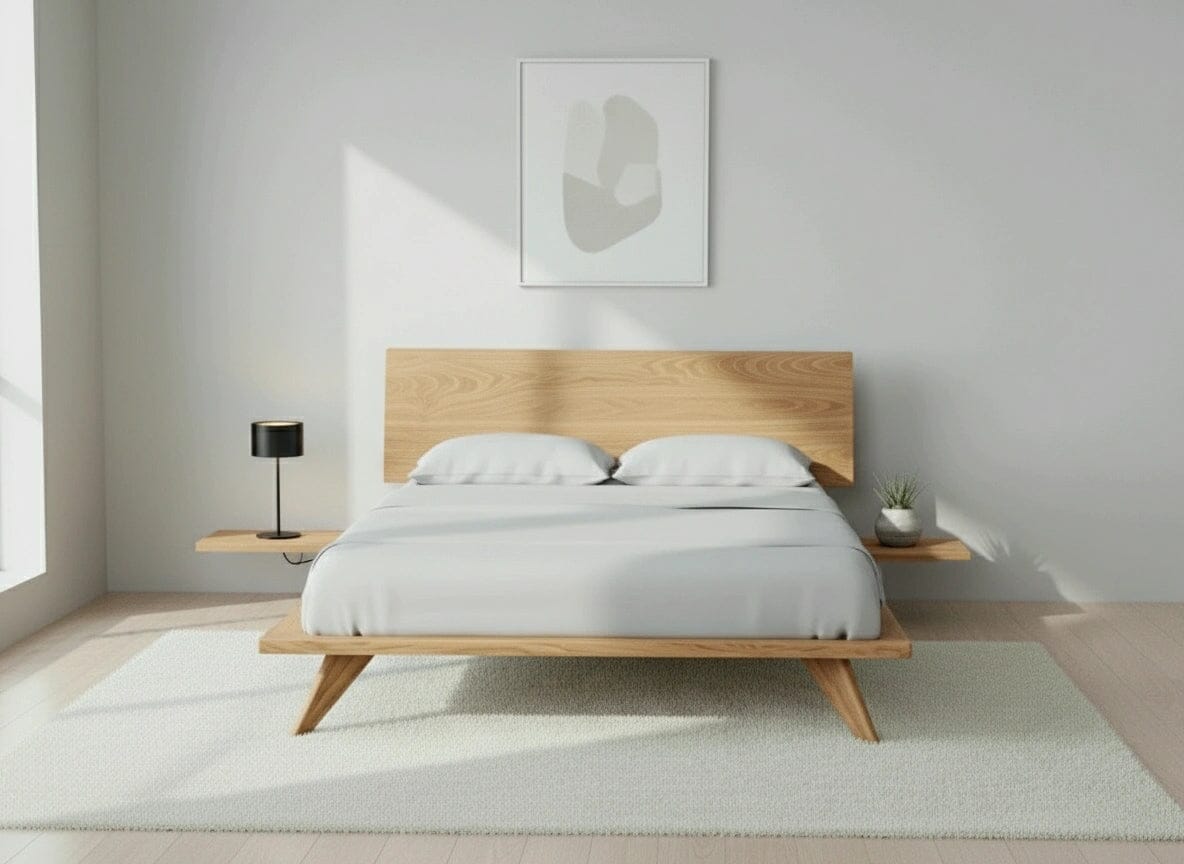 Front view of the Atomic Platform Bed in White Oak inside a minimalist bedroom. This bed frame is made in USA using natural hardwood.