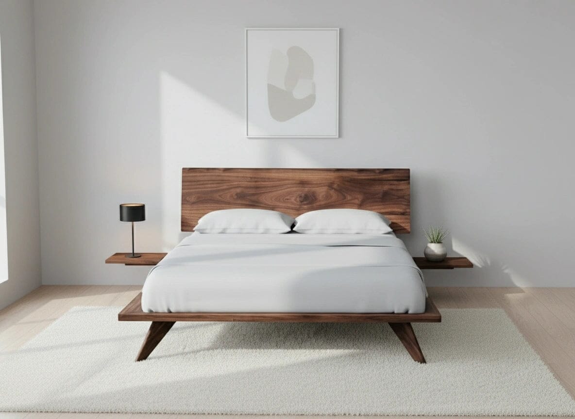 A modern bedroom featuring the Atomic Platform Bed - Solid Wood Walnut by TY Fine Furniture, white bedding, floating nightstands, a black lamp, potted plant, abstract wall art, and a light rug on wooden floors.