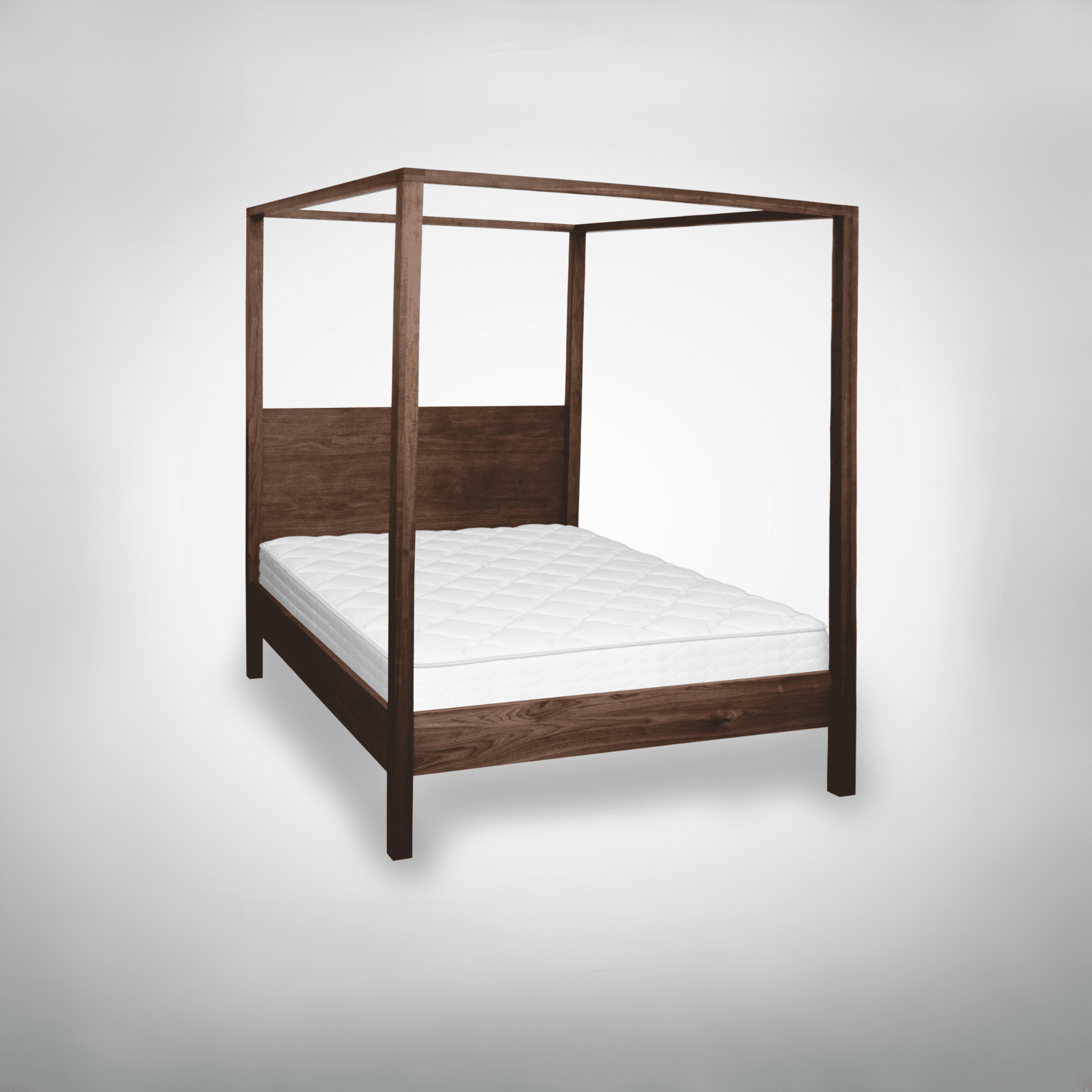 The TY Fine Furniture Modern Four Poster Bed - Classic Solid Wood Bed Frame with a white mattress stands against a plain white background, showcasing clean lines and minimalist design without canopy drapes.