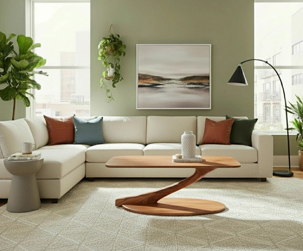 A modern living room featuring a beige sectional, colorful throw pillows, TY Fine Furniture’s Cantilever Coffee Table in solid cherry wood, potted plant, hanging greenery, abstract wall art, floor lamp, and large windows with natural light.