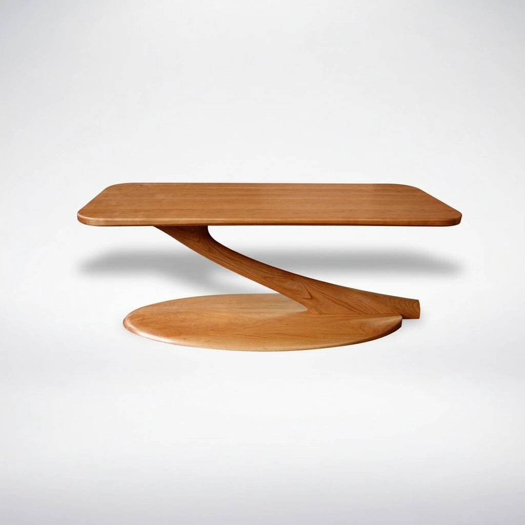 The Cantilever Coffee Table Solid Wood- Cherry by TY Fine Furniture features a rectangular top and twisted base connecting to a round bottom. Expertly crafted in the USA, this modern piece is shown against a plain white background.