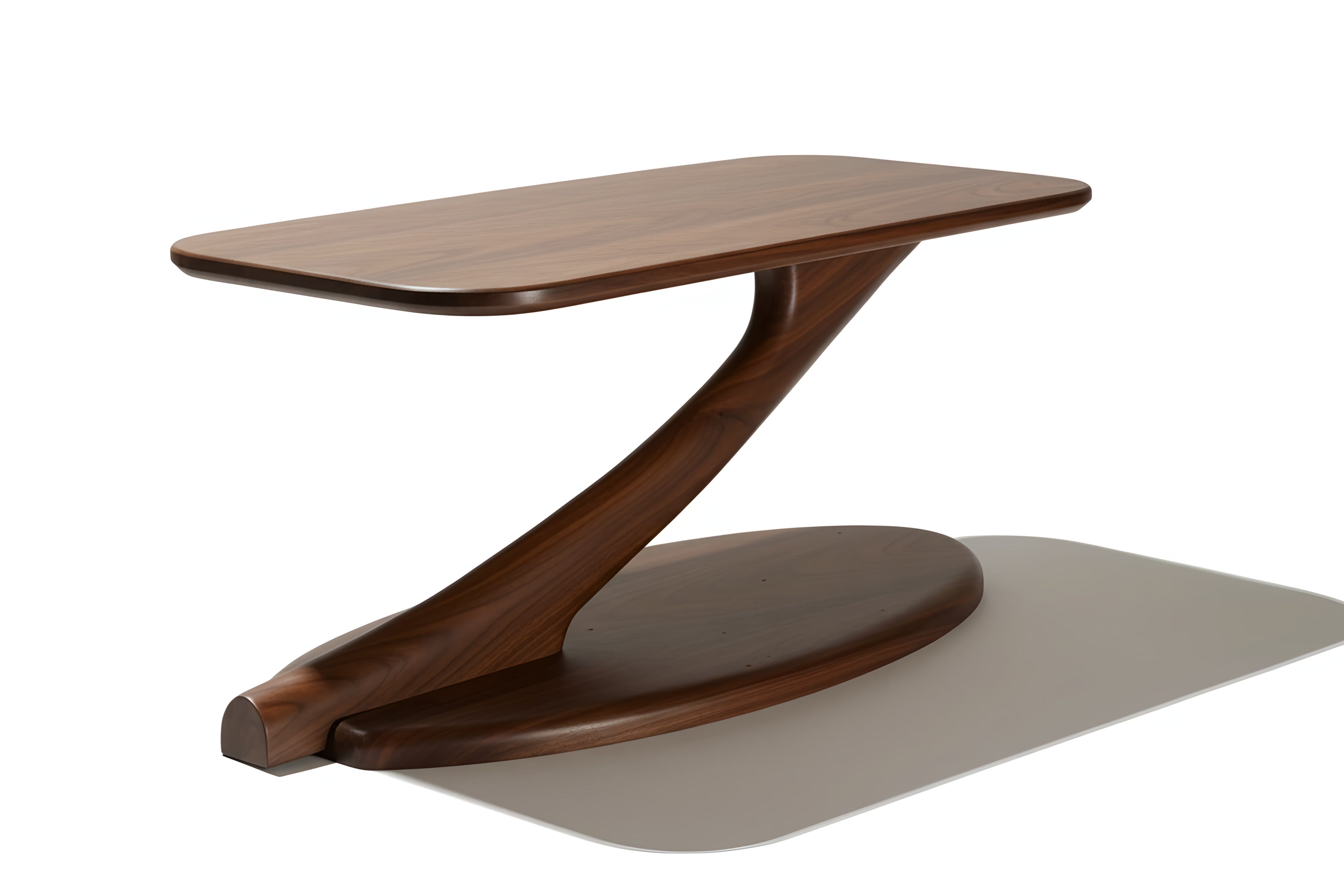 The Cantilever Coffee Table Solid Wood - Walnut by TY Fine Furniture features a smooth, curved Z-shaped base, oval platform, rounded edges, and a polished finish—a modern, handcrafted piece ideal for any space.