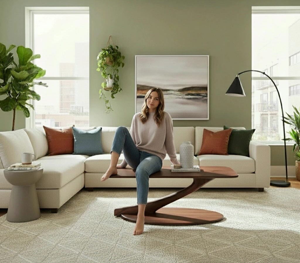 A woman in a light sweater and jeans sits on the TY Fine Furniture Cantilever Coffee Table, solid walnut, in a modern living room with a beige sectional sofa, green plants, artwork, and large windows letting in natural light.