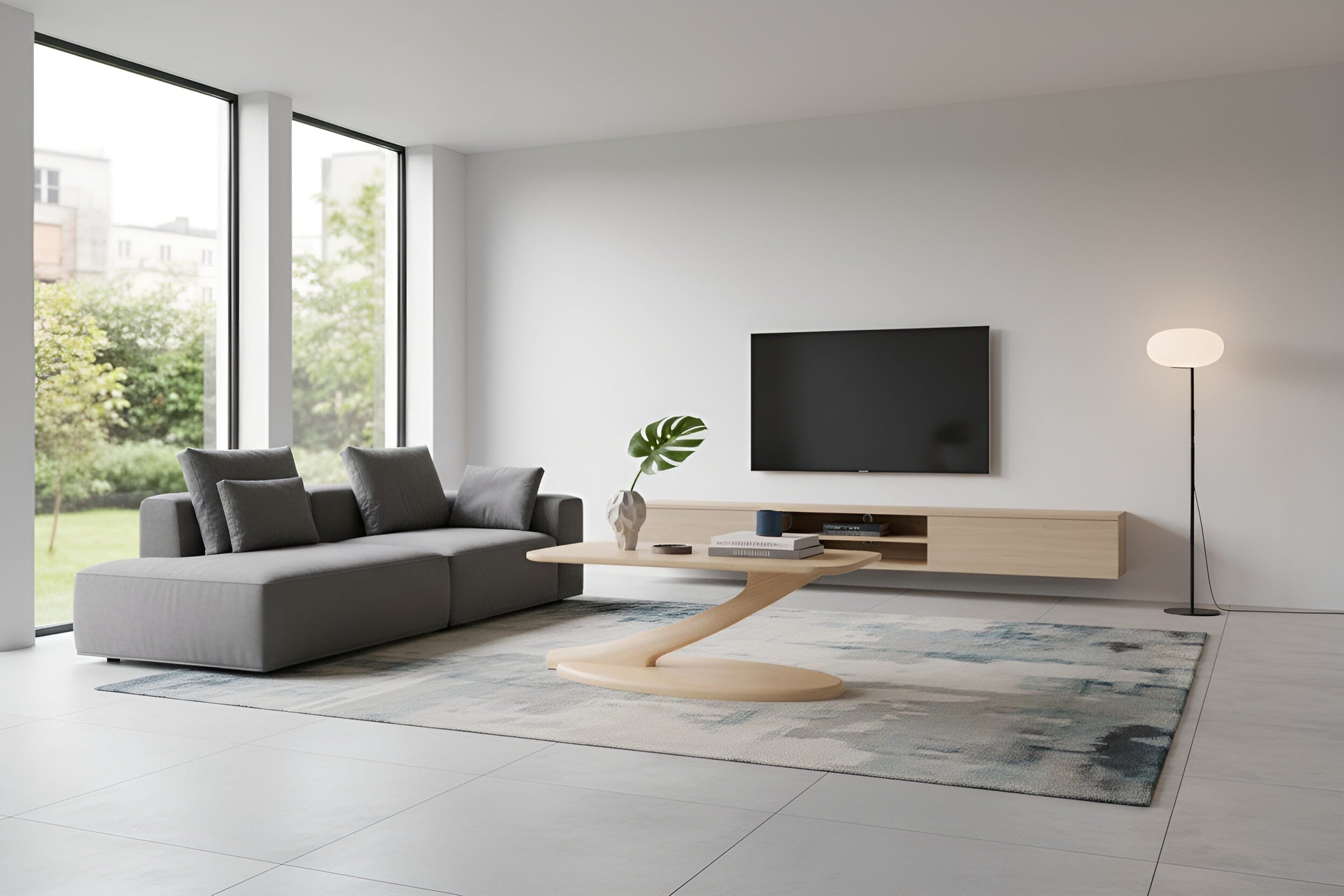 Modern living room with a gray sectional sofa, patterned rug, floor lamp, wall-mounted TV, large windows with outdoor greenery, and the TY Fine Furniture Cantilever Coffee Table in solid maple.