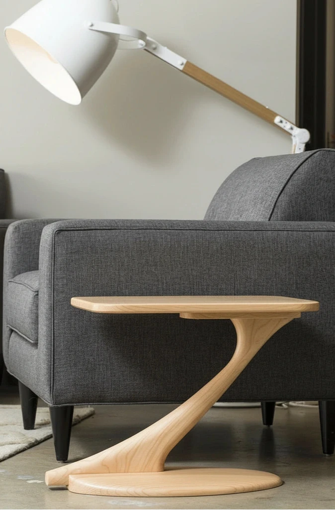 The TY Fine Furniture Cantilever Side Table Solid Wood Handmade in Maple stands beside a dark gray upholstered sofa, complemented by a large white adjustable floor lamp in this contemporary living room.